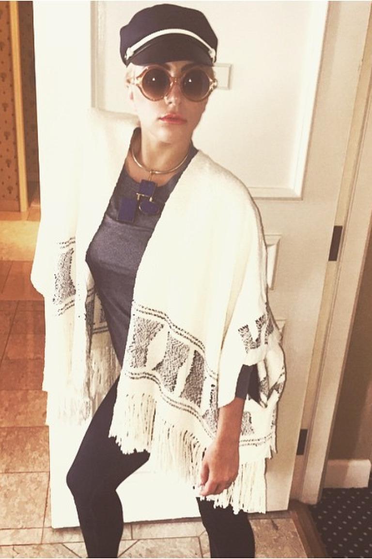 Our first celebrity Lady Gaga in one of Ulla's ponchos made in Huamachuco 