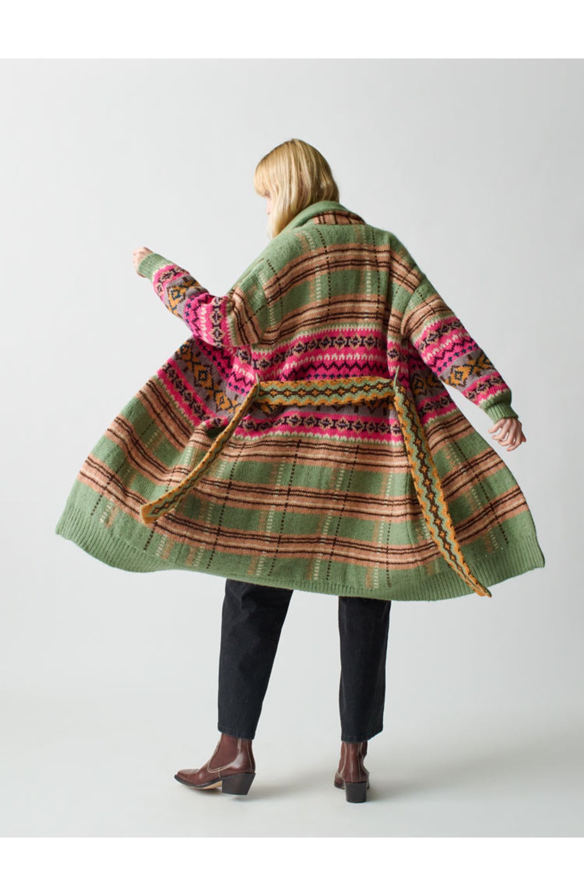 Multicolor Fair Isle belted duster coat