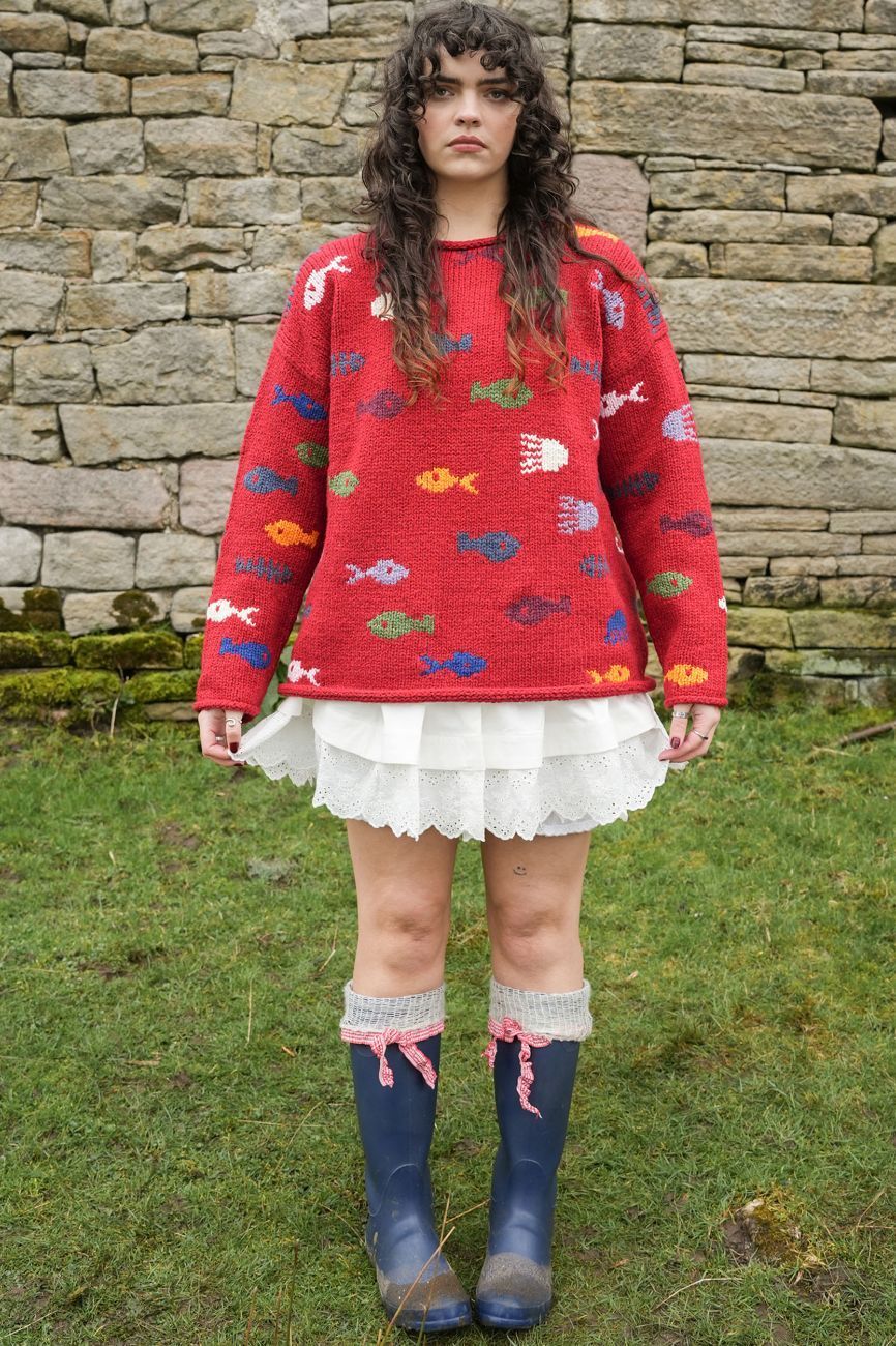 Amelia Peace — red fish intarsia pullover