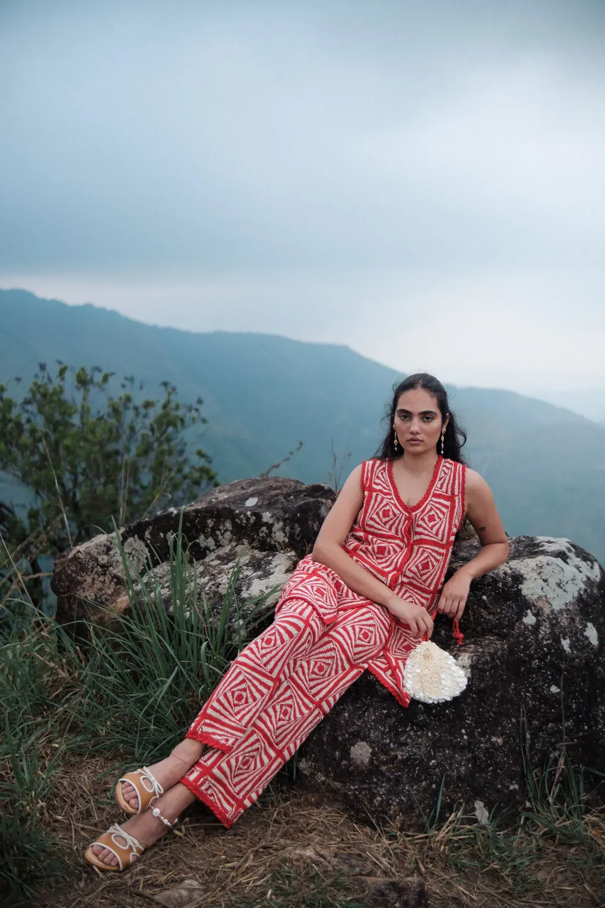 Hand-woven red geometric print ensemble