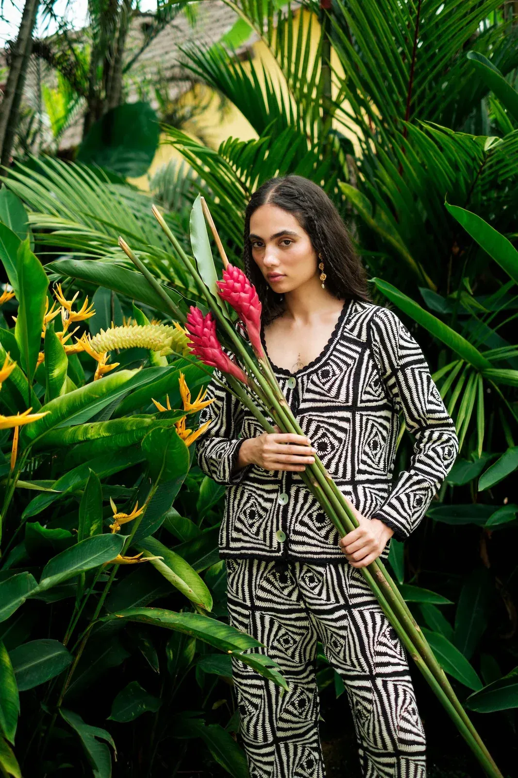 Hand-woven black and white geometric suit