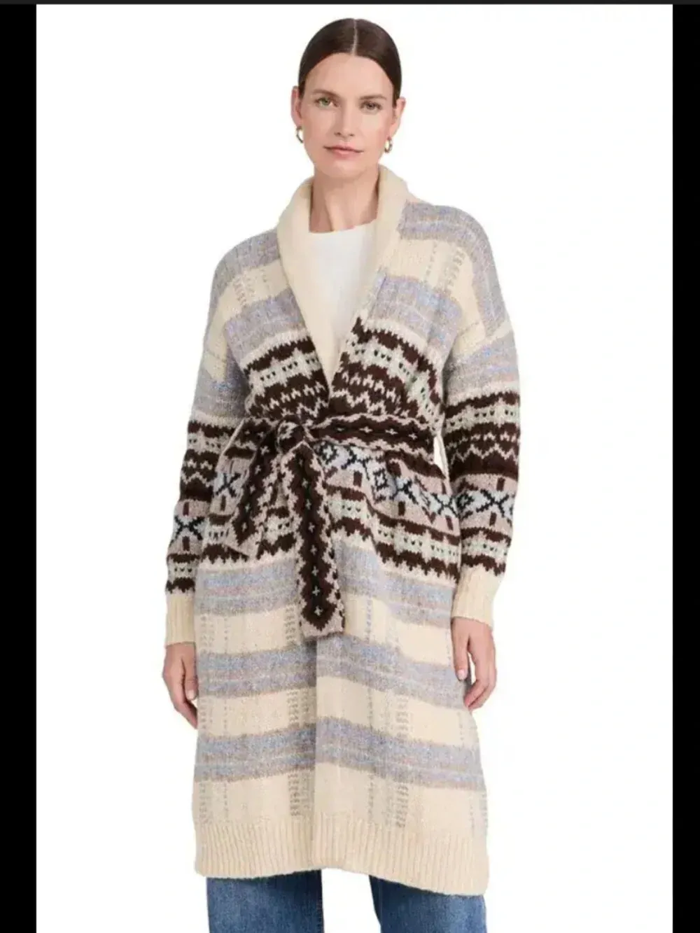 Fair Isle belted long cardigan coat